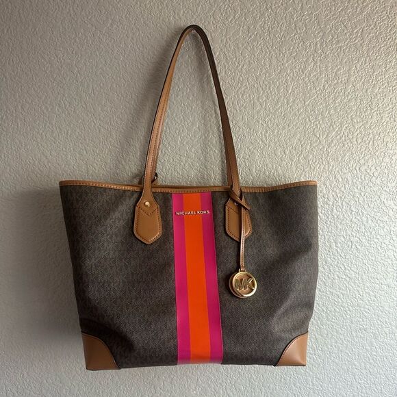 Michael Kors Eva Large Signature Logo Orange & Pink Stripe Tote Bag w/clutch - Picture 2 of 13